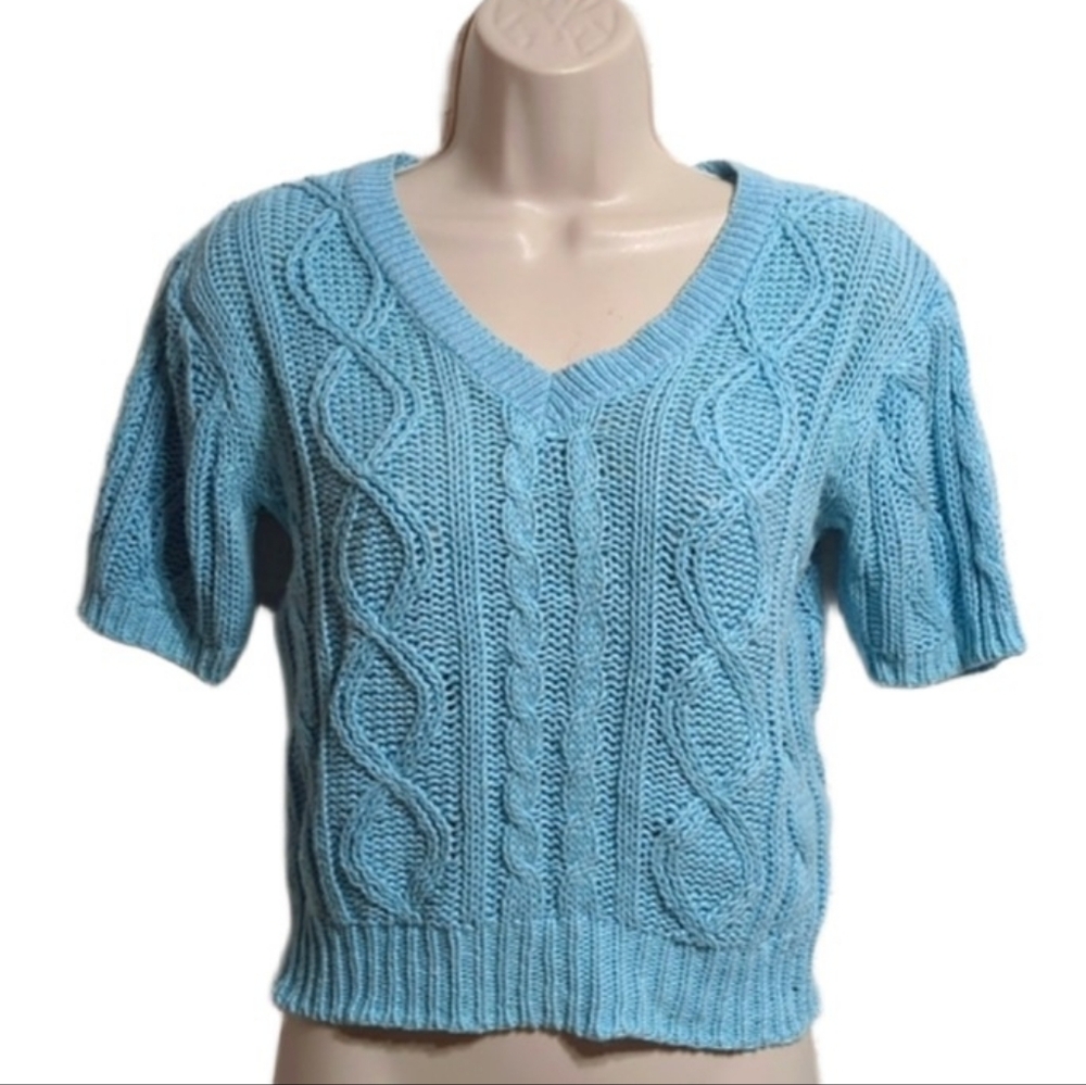 Vintage 80s Parrinello Sky Blue Cable Knit Cropped Short Sleeve Sweater Small